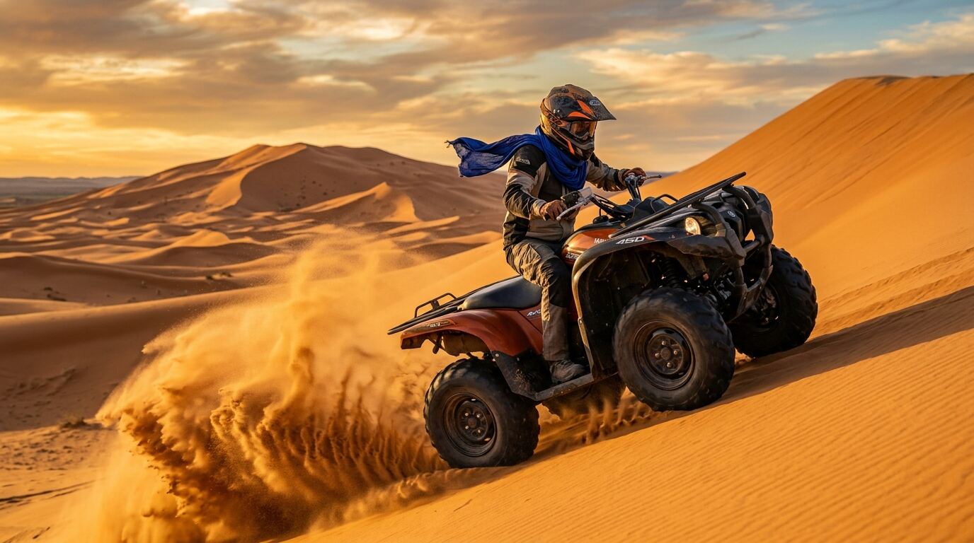 Rider on a quad bike crossing a high sand dune near Merzouga